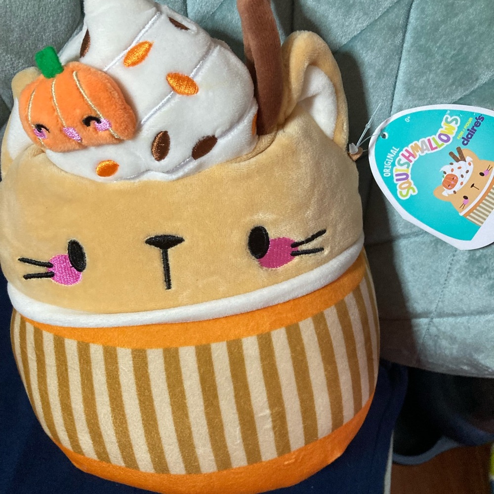 Squishmallows Cat plush with Orange and Cream pumpkin theme